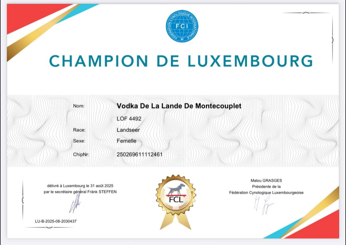 Le 31/08/2025 CH. Vodka De La Lande De Montecouplet devient Championne de Beauté du Luxembourg à 15 mois.
